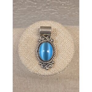 Vintage Sterling Silver Blue Cat's Eye Cabochon Pendant ATI Mexico 925